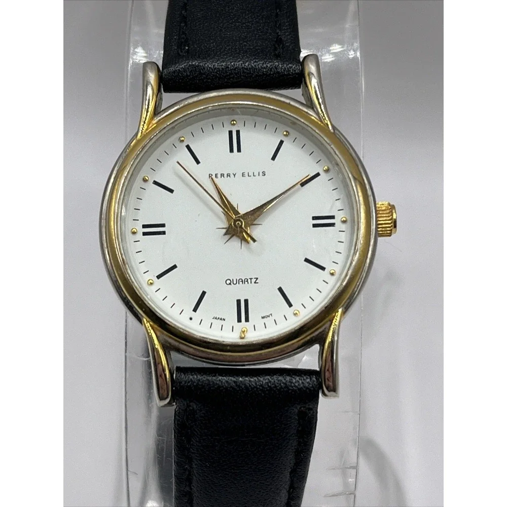 Perry Ellis Women's Quartz Watch Black‎ Leather Band Gold Case- New Battery